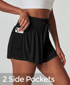 IUGA atletikshorts til kvinder med høj talje, butterfly-shorts, løse løbe-, trænings- og tennis-skorts med lommer, preppy tøj, sort