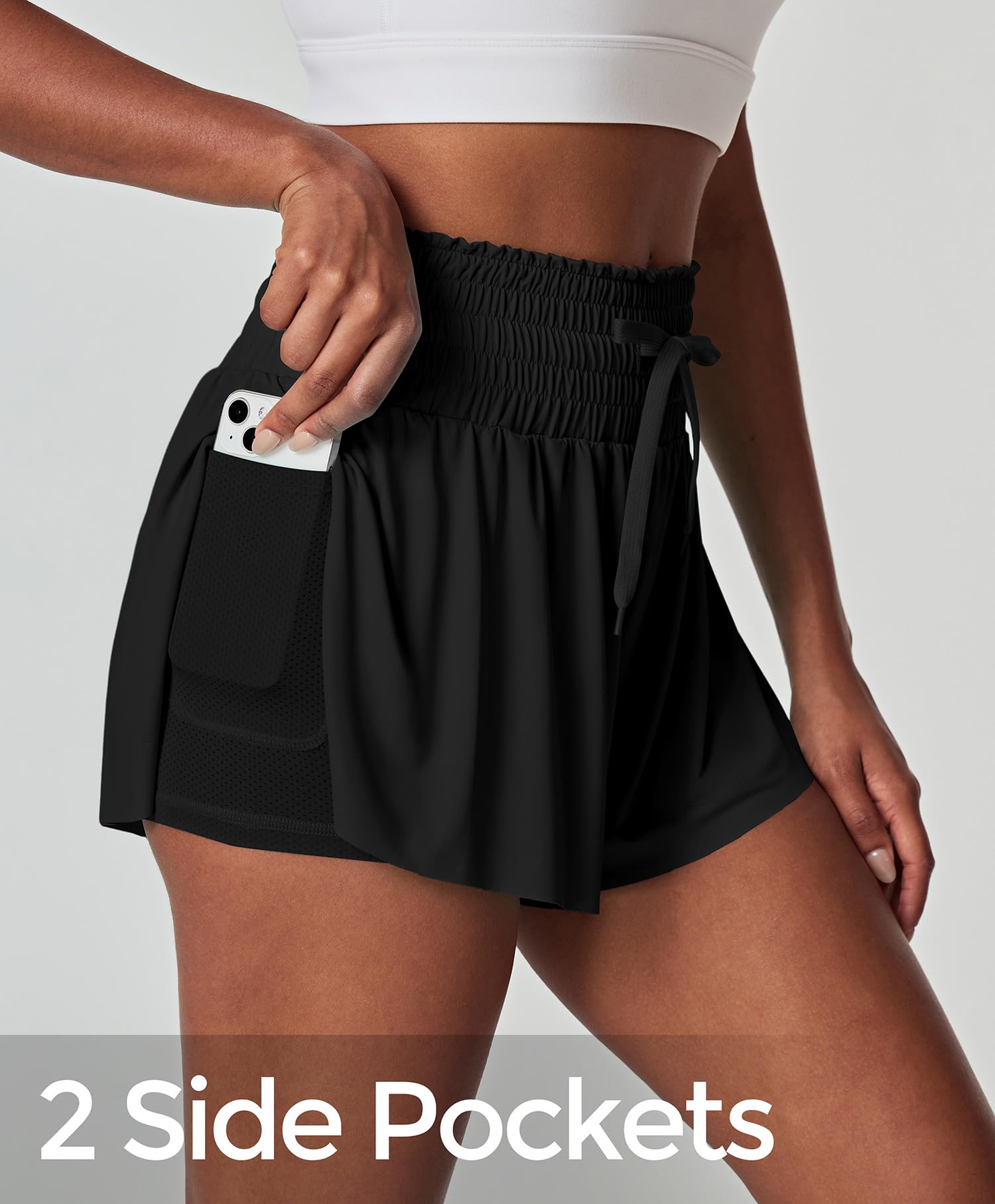 IUGA atletikshorts til kvinder med høj talje, butterfly-shorts, løse løbe-, trænings- og tennis-skorts med lommer, preppy tøj, sort