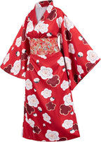 Japanese Anime Women's Long Kimono Robe Fancy Dress Hand Held Silk Folding Fans Tabi Socks Hairstick Set Sakura Red