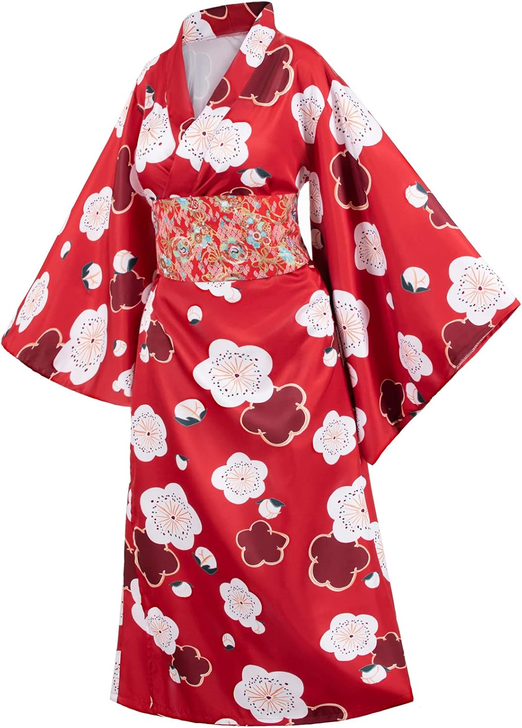 Japanese Anime Women's Long Kimono Robe Fancy Dress Hand Held Silk Folding Fans Tabi Socks Hairstick Set Sakura Red