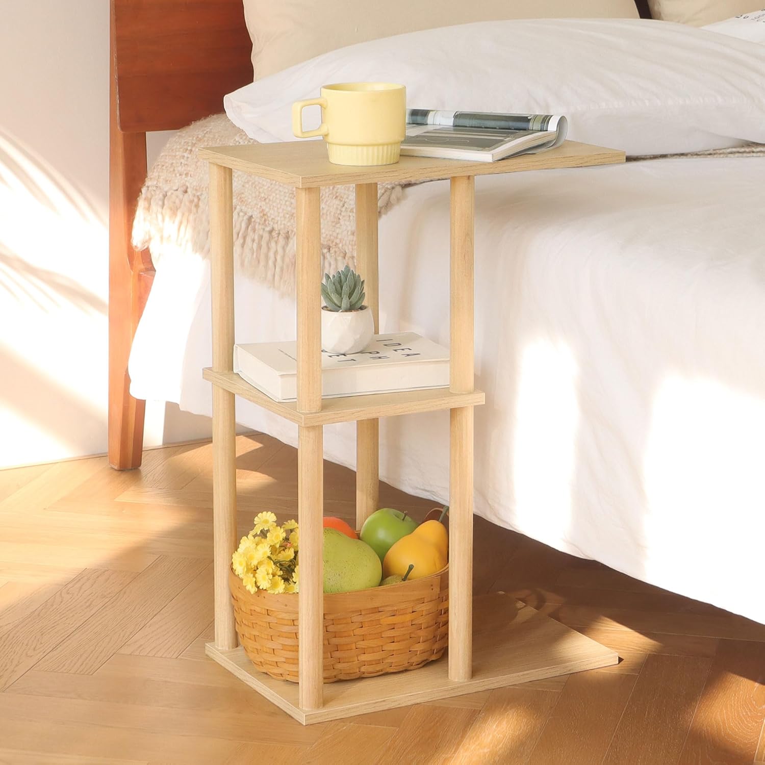 AWASEN C Shaped End Table, Small Side Table for Couch, 3-Tier Wood Sofa Table Coffee Table for Living Room, Small Space, Bedroom, Home Office, Easy Assembly, Natural