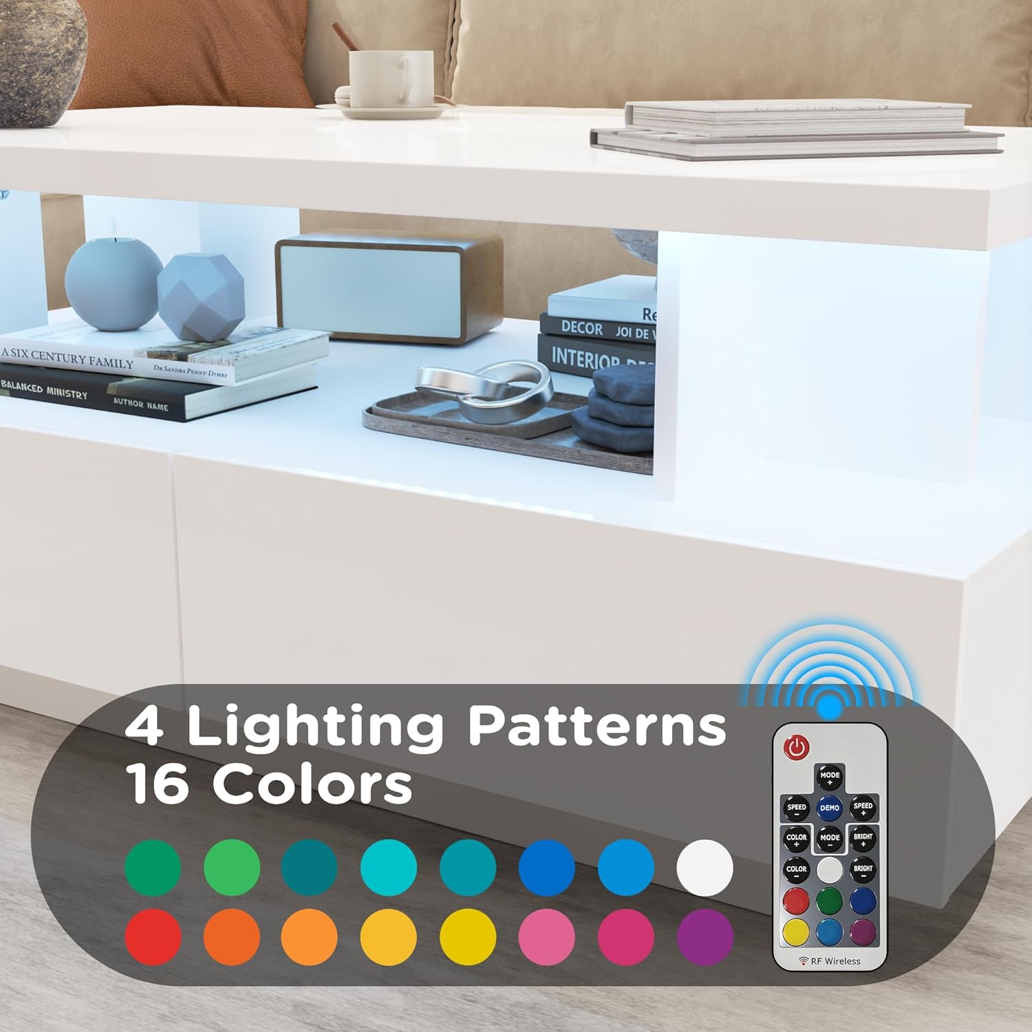 MHOM 41.3" LED Coffee Table, Modern White High Gloss Living Room Table with 4 Drawers, Stylish Center Table for Living Room, Office and Apartment, White