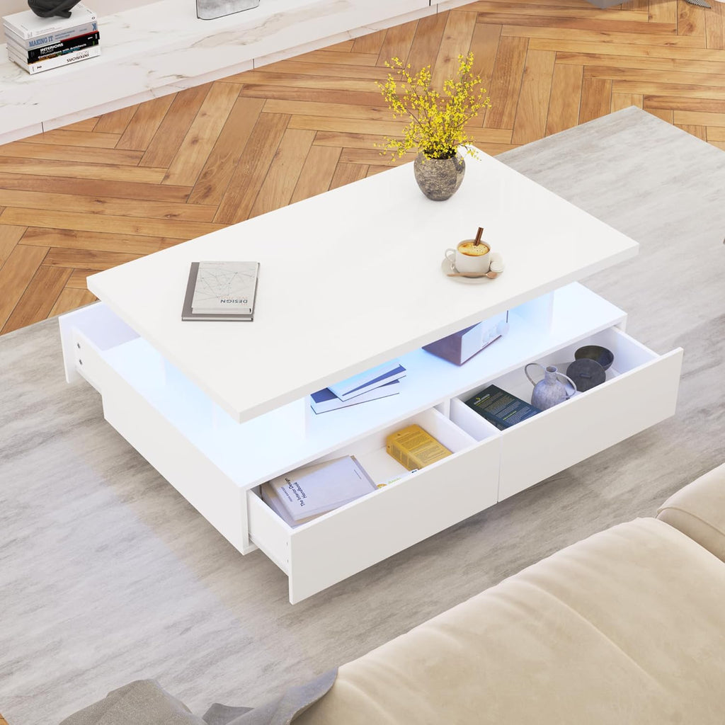 MHOM 41.3" LED Coffee Table, Modern White High Gloss Living Room Table with 4 Drawers, Stylish Center Table for Living Room, Office and Apartment, White