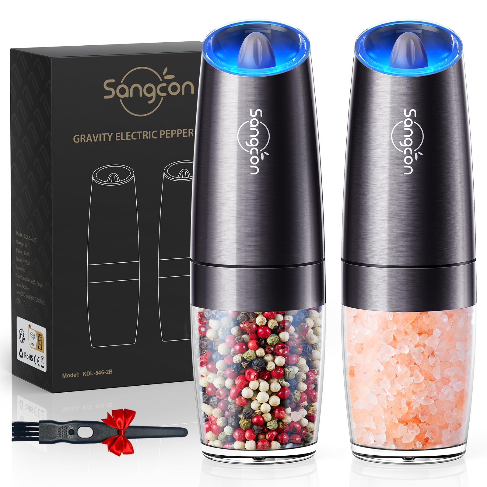 Sangcon Gravity Electric Pepper and Salt Grinder Mill Automatic Shaker Grinder with LED Light, Battery Powered Adjustable Coarseness One Hand Operation, Upgraded Larger Capacity, 1pc