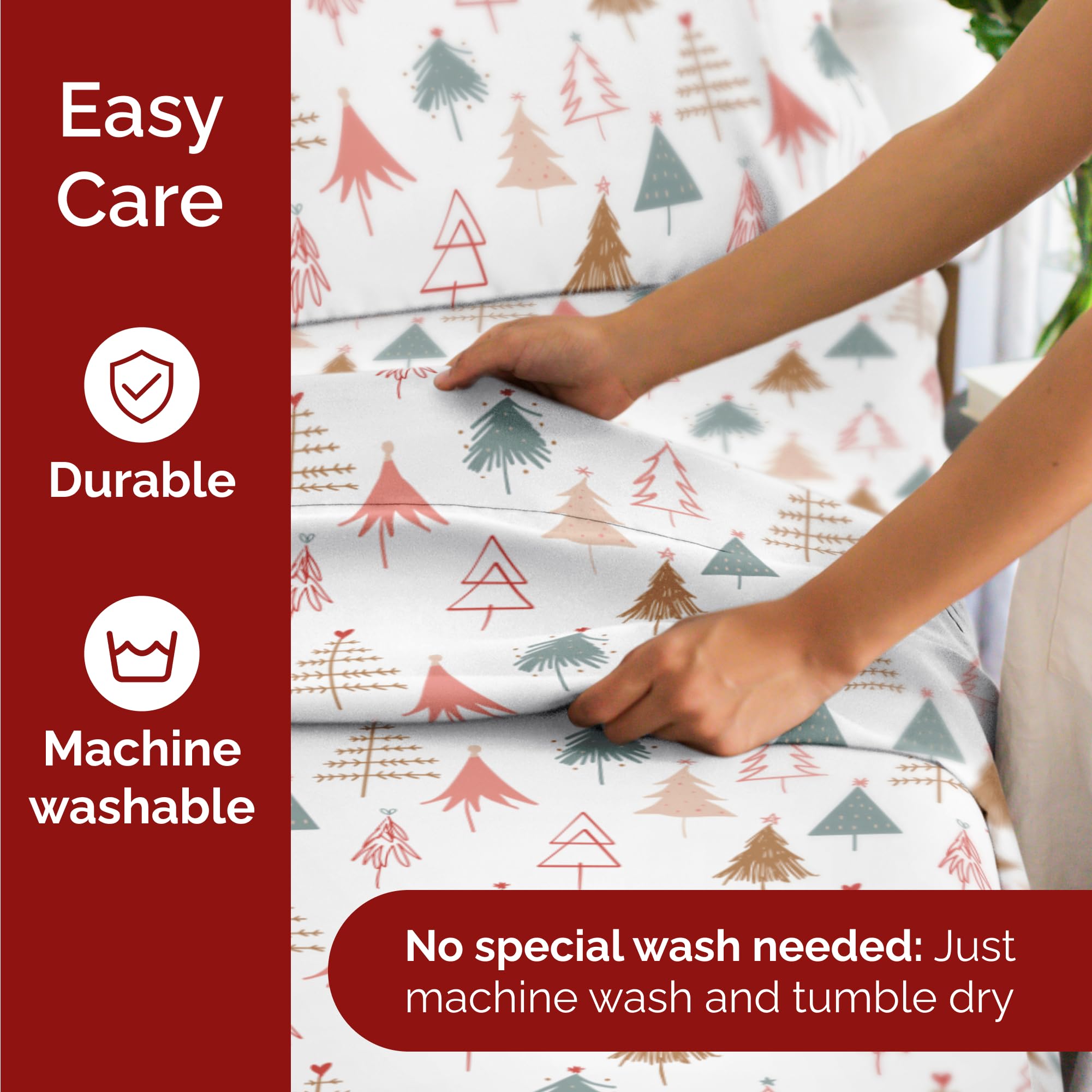 Komplet pościeli King Christmas Tree - Świąteczny wzór Xmas na lnie - Głębokie kieszenie - Dopasowany krój - 4 części - Bez zagnieceń - Wygodna i chłodząca świąteczna pościel zimowa - Łatwa w pielęgnacji - Przyjazna dzieciom