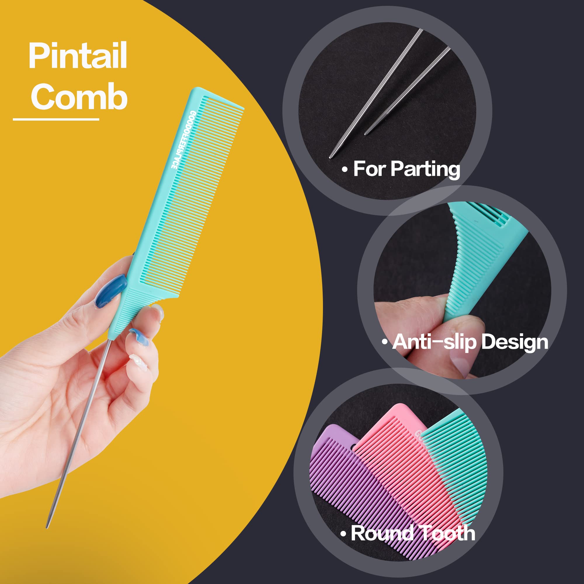 Goodofferplace 3 PCS Rat Tail Combs Parting Rattail Combs Teasing Fine Tooth Comb with Metal Pick for Curly Hair,Detangling Combs for Women,Parting Combs for Braiding,Styling Hair(Pink Purple Green)