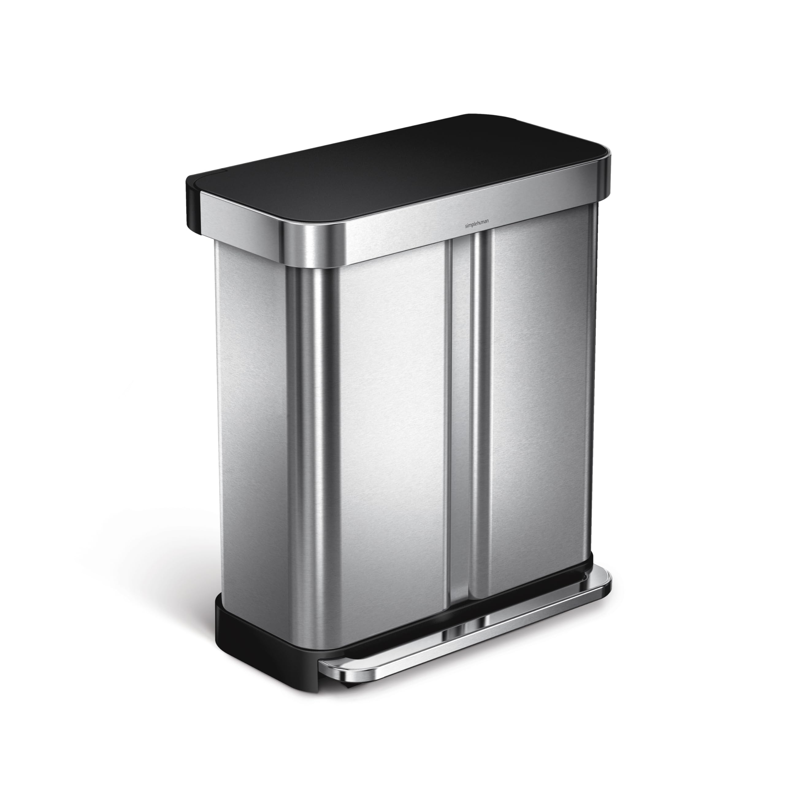 simplehuman 58 Liter / 15.3 Gallon Rectangular Dual Compartment Recycling Step, Brushed Stainless Steel with Soft-Close Plastic Lid Kitchen Trash Can