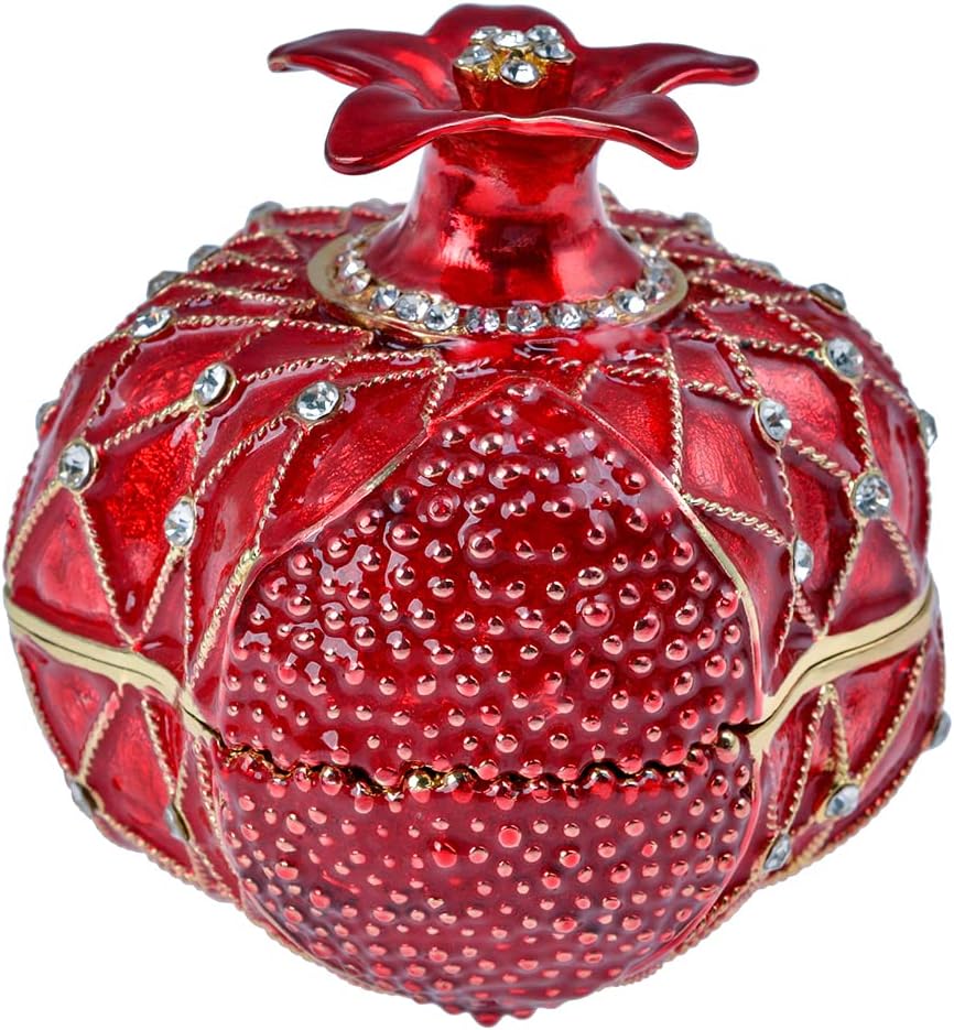 Trinket Box Pomegranate Fruit Gold Plated Crystal Enameled Jewelry Holder Small Home Decor Gifts for Women, Men