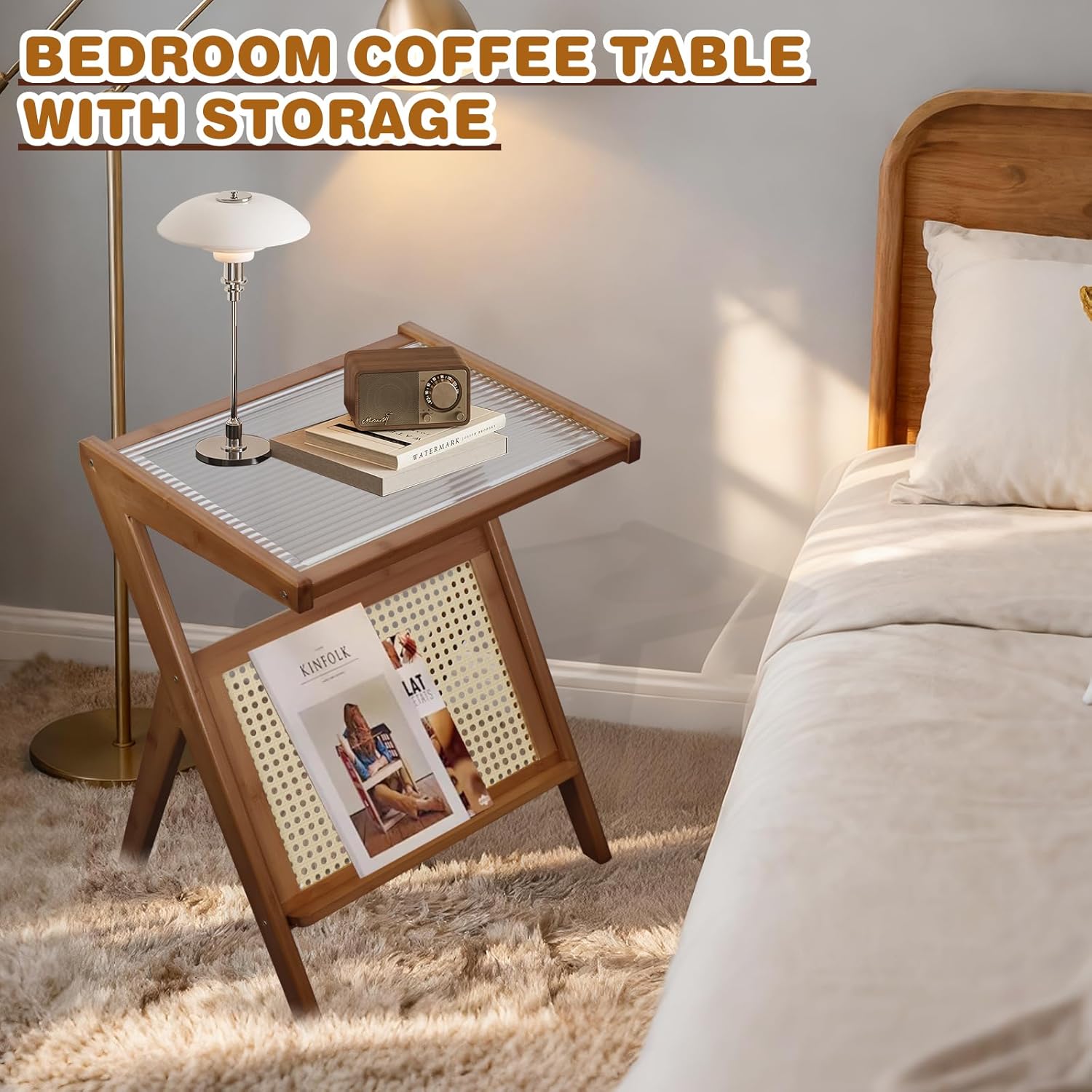 Stand Side Table Plastic Rattan Bedside Tables Glass Coffee Tables Wood Boho End Table with Storage Compact Accent Table for Small Spaces, Perfect for Living Room, Bedroom and Apartment (Brown)