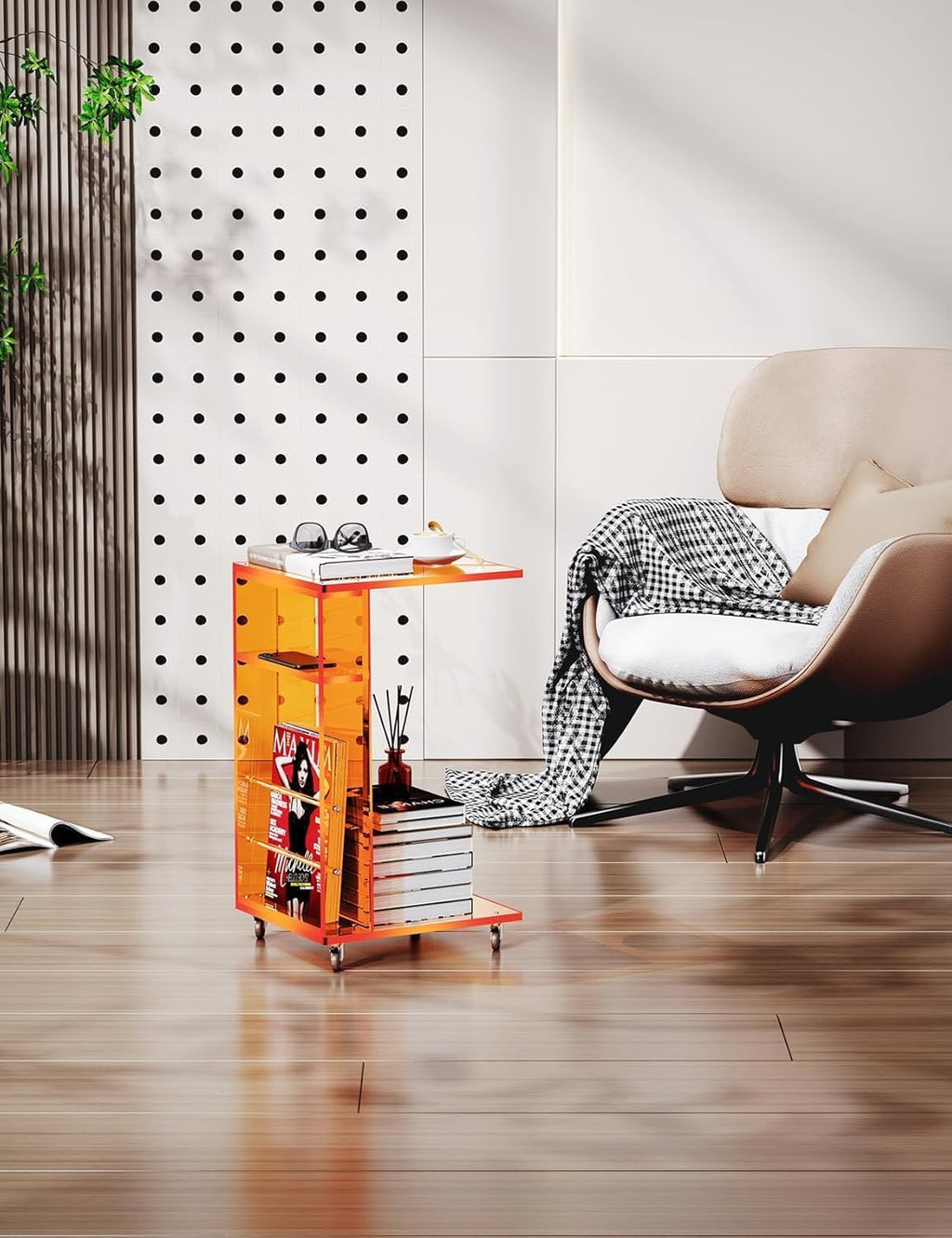 Clear Acrylic Side Table on Lockable Wheels, C Shaped End Table for Sofa, Small Coffee Tables for Small Spaces (Orange)