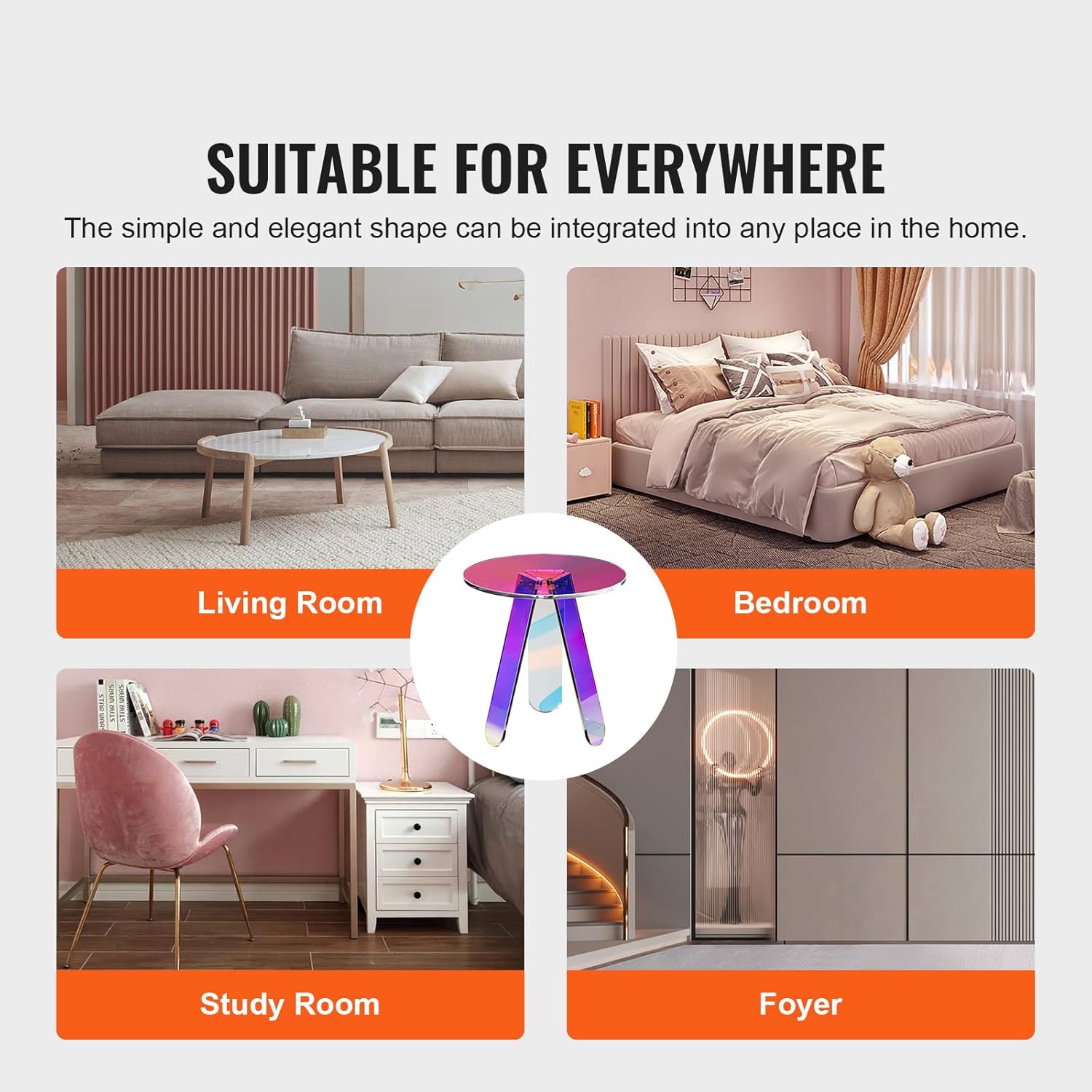 VEVOR Round Iridescent Side Table, Acrylic End Table, Clear Rainbow Acrylic Coffee Table for Drink, Food, Snack Used in Living Room, Bedroom, and Study