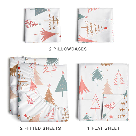 King Christmas Tree Sheet Set - Holiday Xmas Pattern Linen Set - Deep Pockets - Snug Fit - 4 Piece - Wrinkle Free - Comfy & Cooling Festive Winter Bedding - Easy To Care For - Kid Friendly