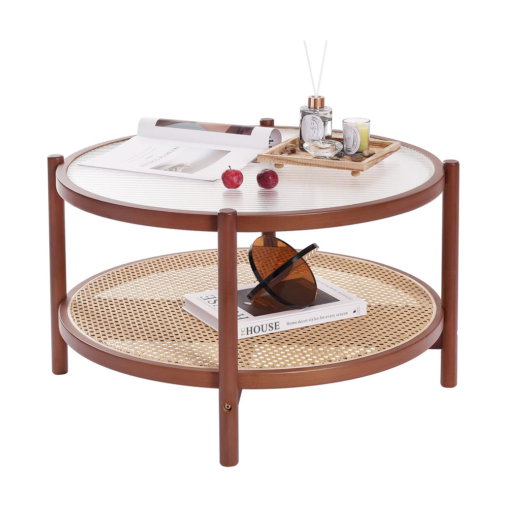 Tiita 2 Pack Round End Table Mental Side Table Nightstand/Small Wood Tables Accent Coffee Table with Wooden Tray for Living Room Bedroom Office Small Space