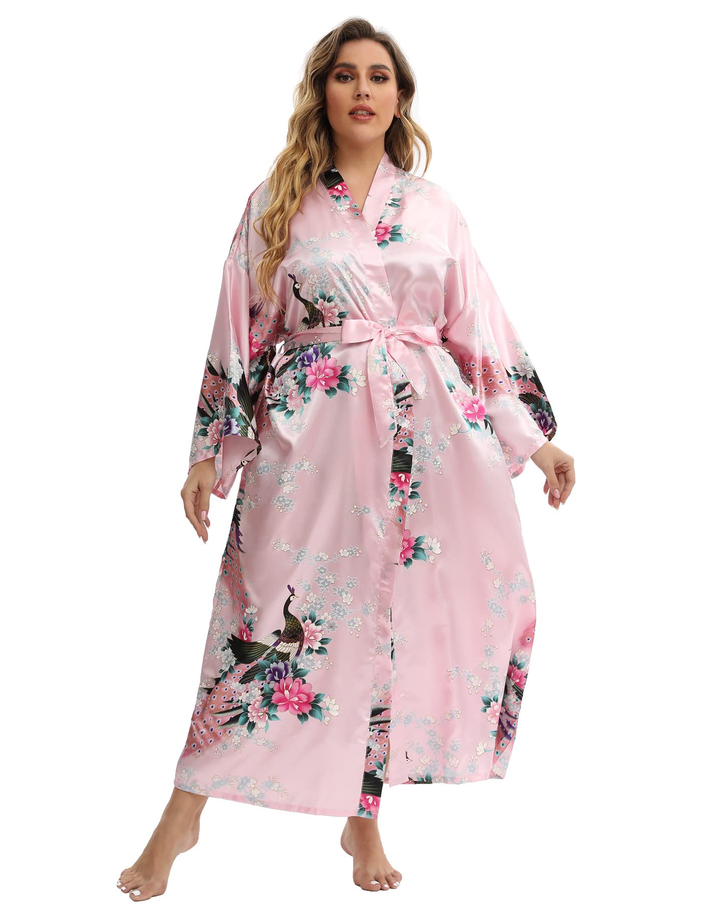 Women's Floral Long Satin Robes Plus Size Long Silk Robes Peacock Floral Kimonos Sleepwear Dressing Gown