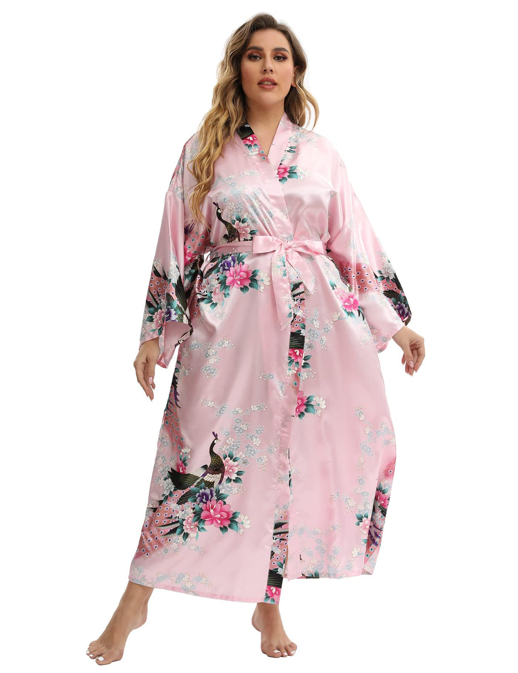 Women's Floral Long Satin Robes Plus Size Long Silk Robes Peacock Floral Kimonos Sleepwear Dressing Gown
