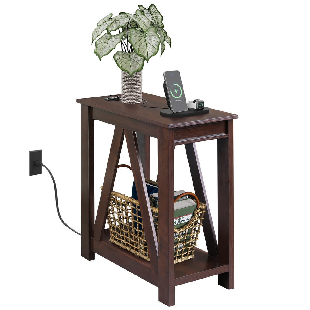 WLIVE Farmhouse End Table, Narrow Side Table with Charging Station, Slim End Table, Side Table for Bedroom, Living Room, Small Spaces, with 2 USB and 2 Power Outlets, 11.8" D x 23.6" W x 23.74" H