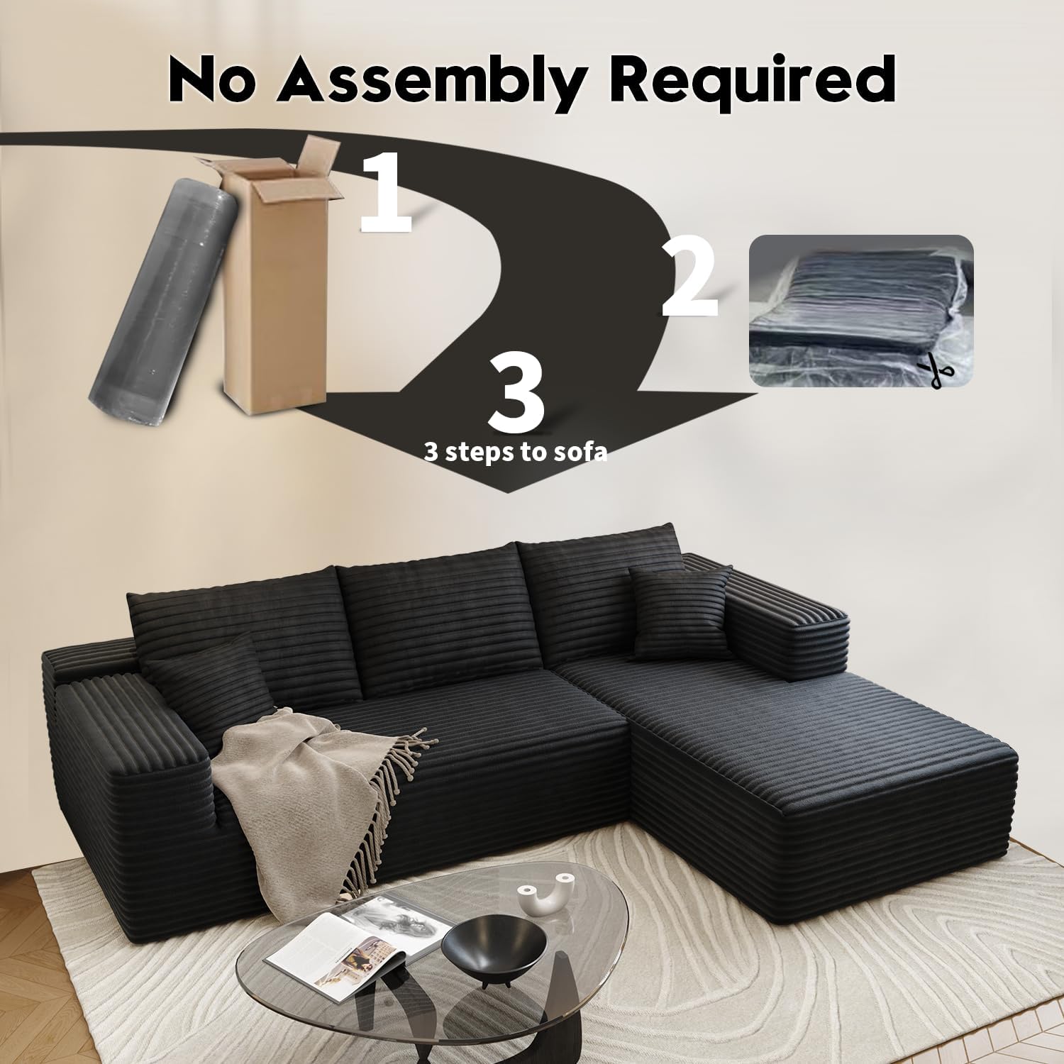 107.5" Cloud Sectional Couch with L-Shape Chaise,Modern Modular Sofa with Deep Seat, Upholstered Couches for Living Room Bedroom Apartments,No Assembly Required, (Black,Right Facing Chaise)