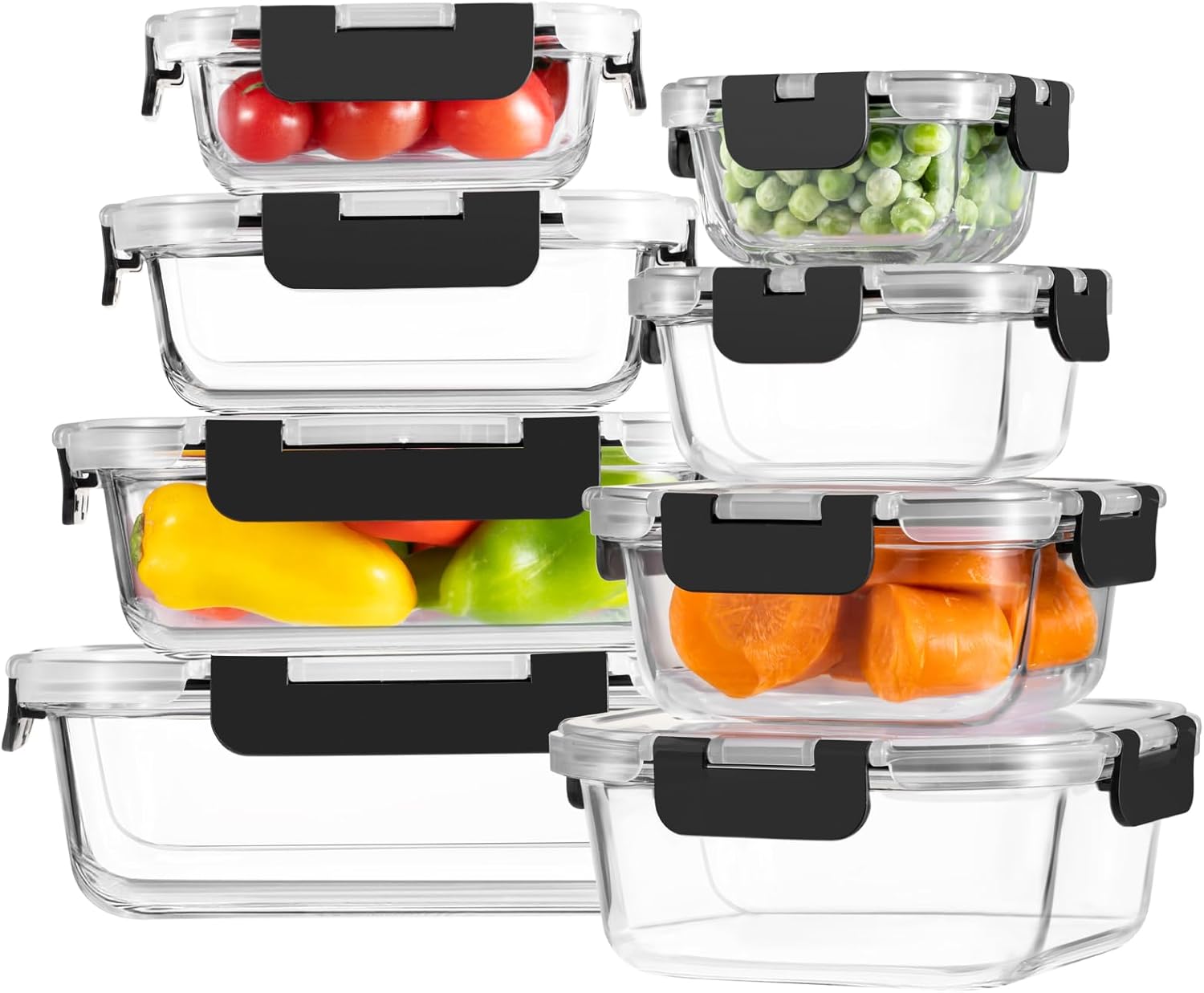 8 Pack Borosilicate Glass Food Storage Containers with Lids, Glass Meal Prep Containers, Airtight Bento Lunch Boxes with Snap Locks, Oven, Freezer and Dishwasher Safe, BPA Free, Kitchen Storage Set