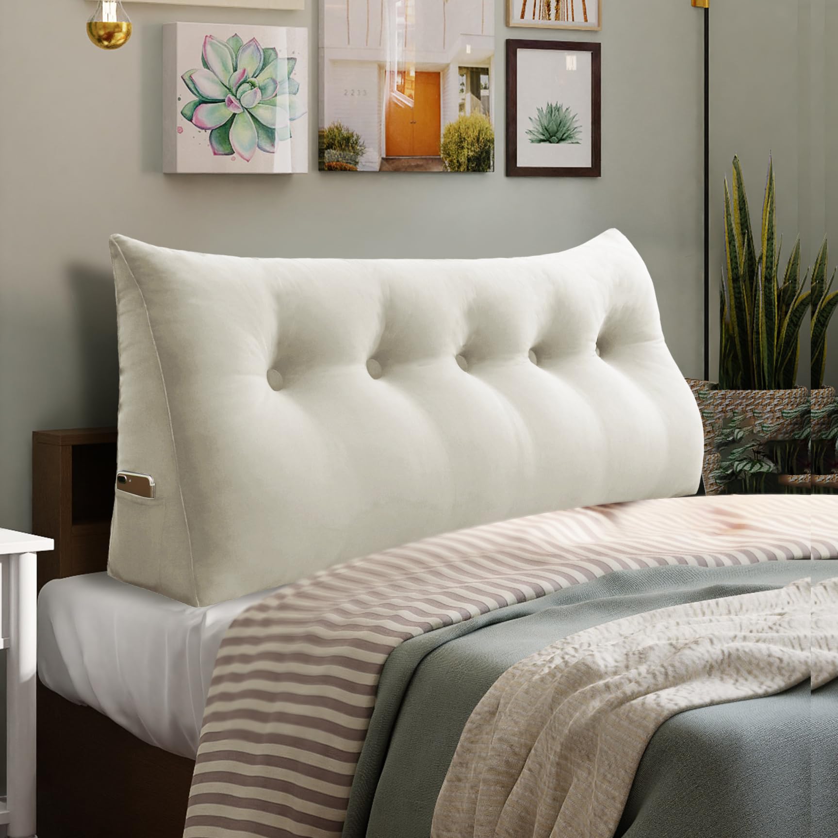 11 lbs Thickened Queen Headboard Pillow for Sitting Up in Bed, Back Support Reading Pillow with Side Pocket and Velvet Removable Cover, Triangular Large Wedge Headboard Pillow