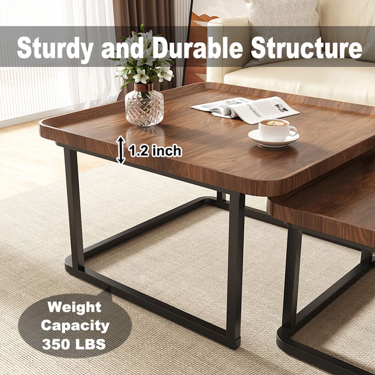 Square Coffee Tables Living Room Set of 2, Nesting Walnut Coffee Table with Fluted, End Tables for Bedroom Office Balcony Yard (23.5"+19.5" Walnut)