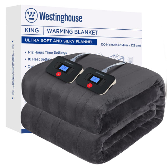 Westinghouse Electric Blanket Queen Size, Super Cozy Soft Flannel 84" x 90" Heated Blanket with 10 Fast Heating Levels & 1-12 Auto-Off, Machine Washable, ETL&FCC Certification, Beige