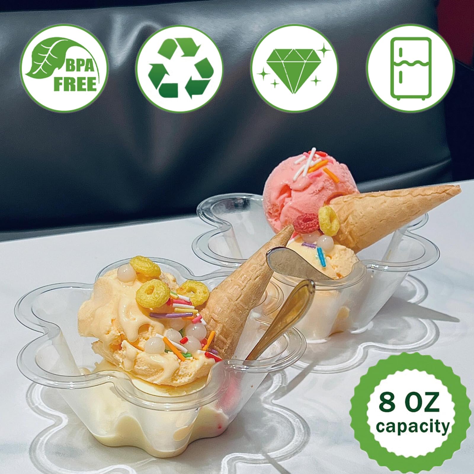 Legredic 50 Stück 8oz Plastik-Dessertbecher mit Löffeln, klare, blumenförmige Eisschalen, Party-Sundae-Servierschalen, Parfait-Vorspeisenbecher für Eis, Nüsse und Salat
