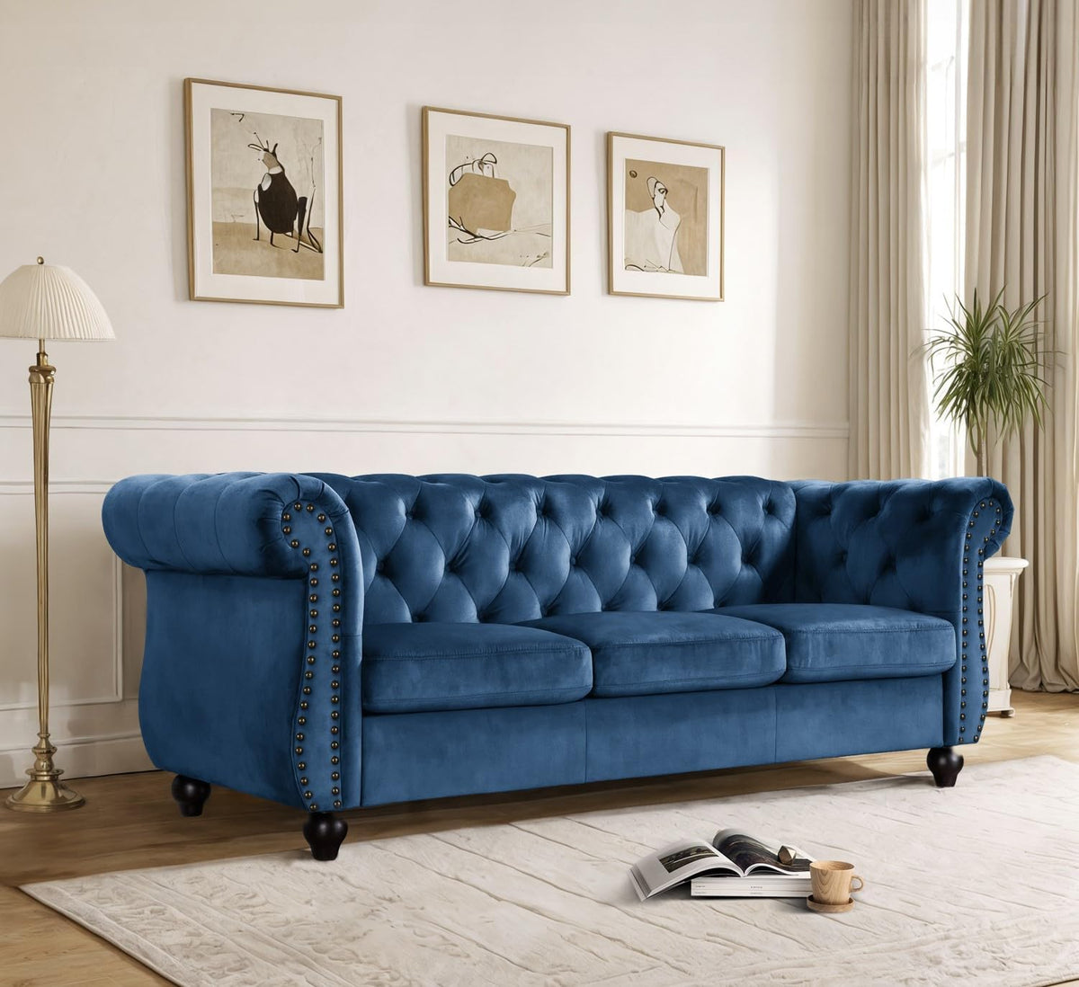 Container Furniture Velvet Chesterfield Couch, Button-Tufted Backrest, Rolled Arms, High-Density Foam with Spring Support, Elegant Accent Piece, Sofa, Dark Blue