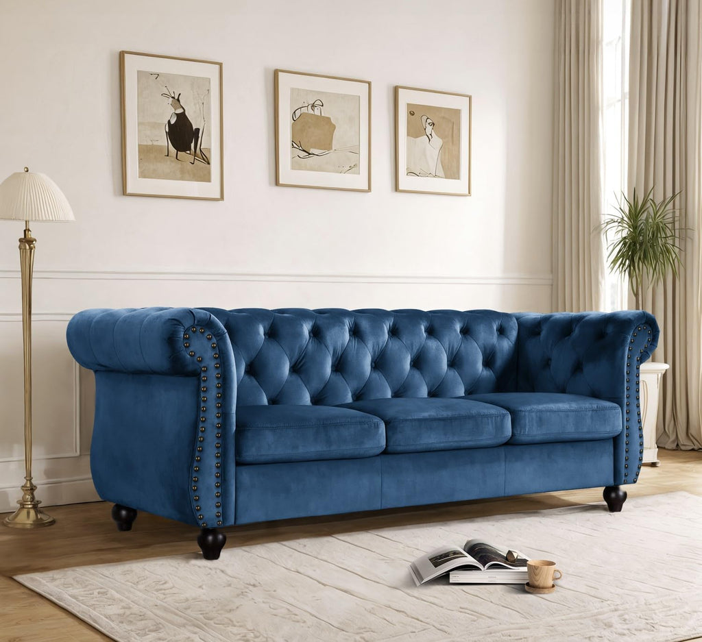 Container Furniture Velvet Chesterfield Couch, Button-Tufted Backrest, Rolled Arms, High-Density Foam with Spring Support, Elegant Accent Piece, Sofa, Dark Blue