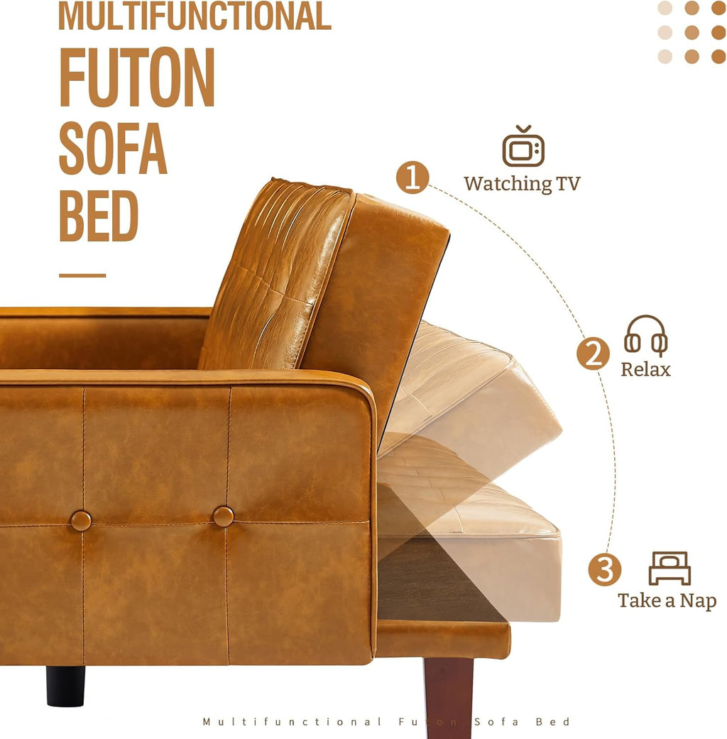 IULULU Futon Sofa Bed, Modern Convertible Faux Leather Sleeper Couch with Armrests for Studio, Office, Apartment, Compact Living, Game Room, Overnight Guests, Retro Brown