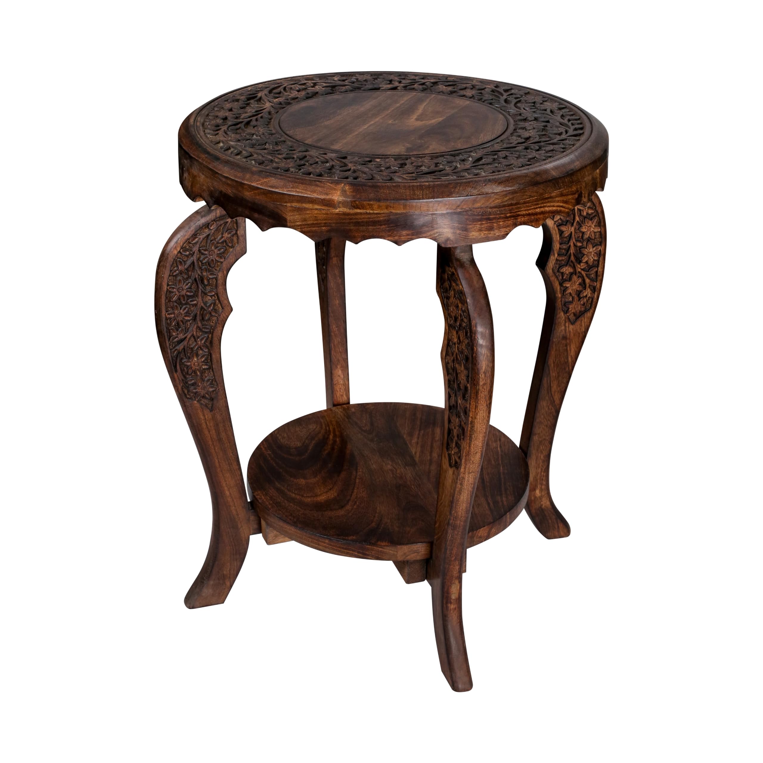 Wooden End Table for Living Room - 18x22 Burnt Finish Carved Side Table, Single Pillar Nightstand, Bedside Table for Books, Plants, Magazines, Small Space Accent Table