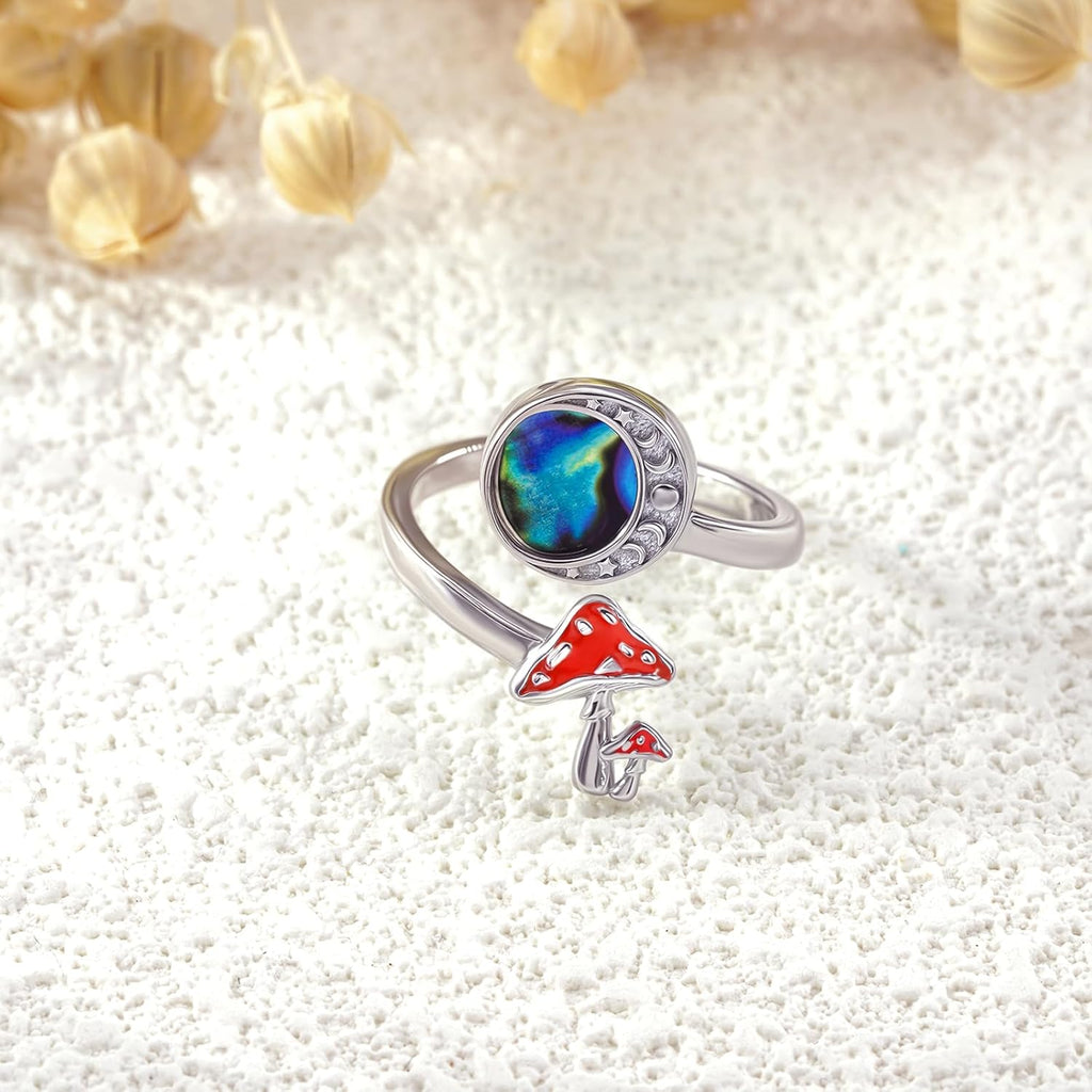Moon Mushroom Ring for Women,925 Sterling Silver Magical Red Mushroom Rings Moon Phase Open Rings,Anniversary Birthday Gifts for Women Teen Mom