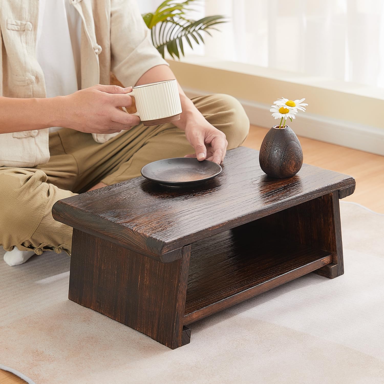 Japanese Altar Table,Folding Floor Table,Wood Small Low Meditation Table,Coffee Table for Living Room, Brown,19.7" x 11.8" x 7.9"