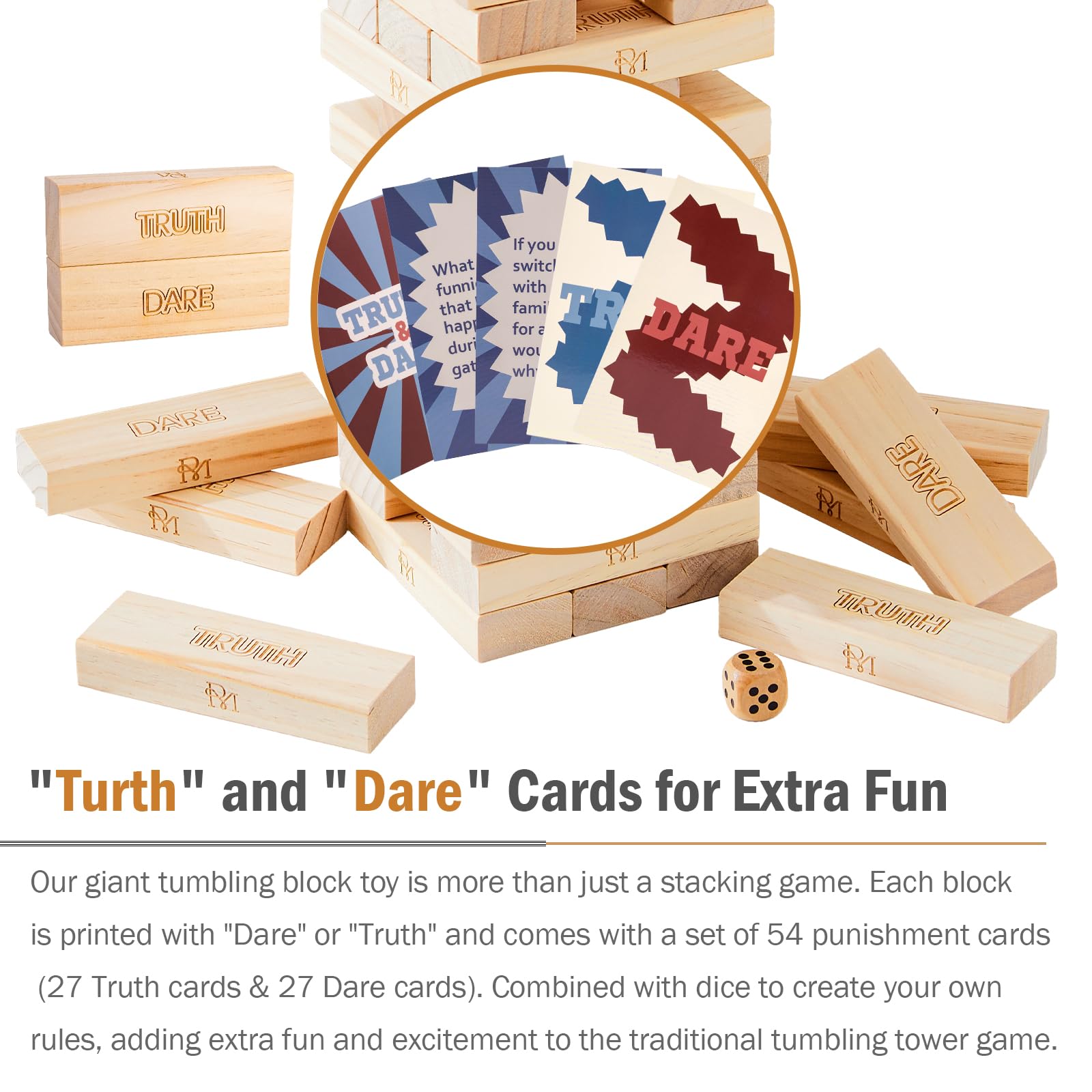 RM ROOMERS Tour Géante Tumble Tower, Jeu de 54 Blocs en Bois à Empiler avec Sac de Transport en Cuir, Dés, Cartes Vérité ou Conséquence, Jeu de Tour Géante pour Famille pour Intérieur Extérieur Jardin Pelouse Fête