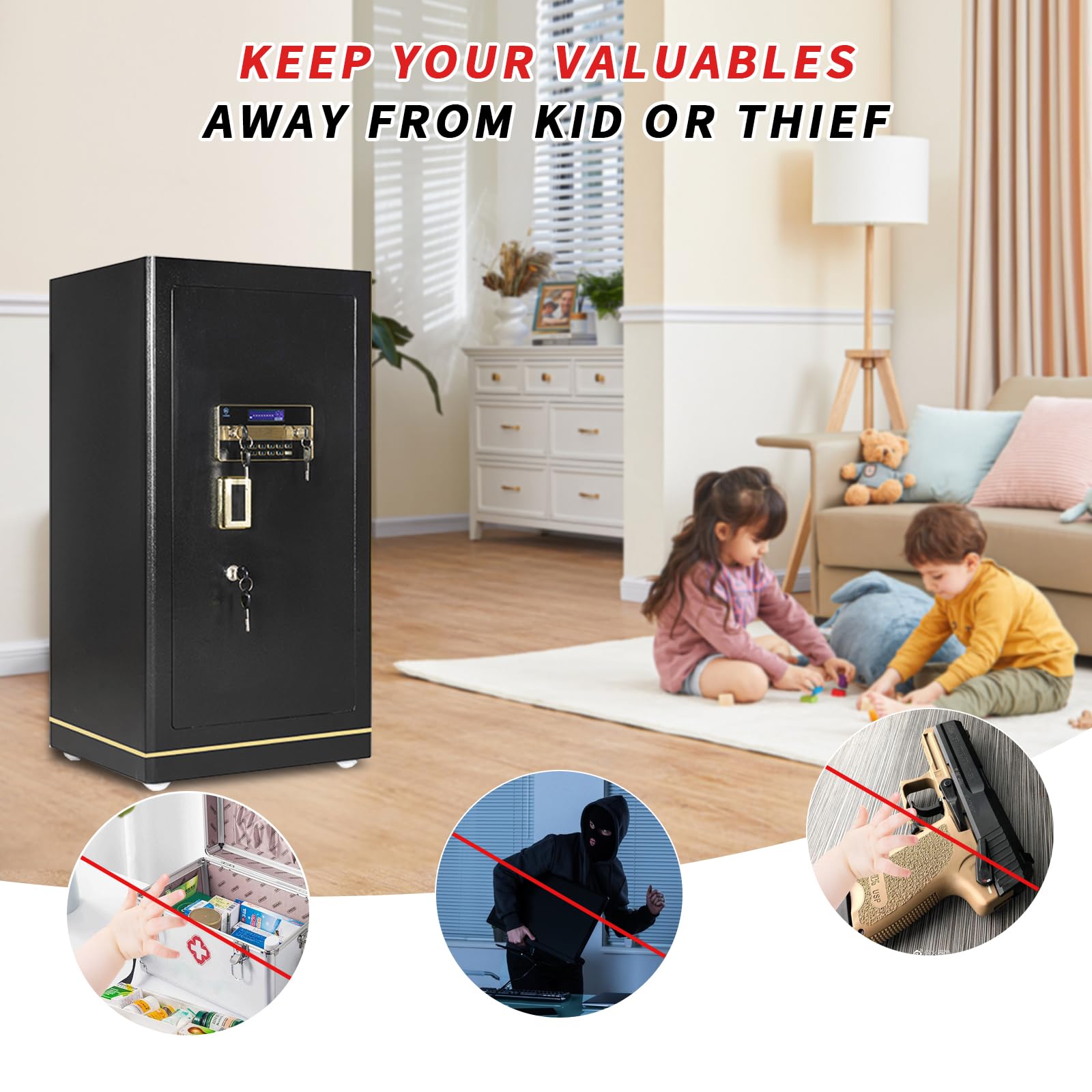 Cofre de Segurança Grande MLJ 8.1 Cu. Ft., Cofre à Prova d'Água e de Fogo, Cofre Doméstico com 2 Prateleiras Removíveis e Armários Internos para Armazenar Dinheiro, Medicamentos, Joias e Outros Objetos de Valor (Fechadura com Teclado)