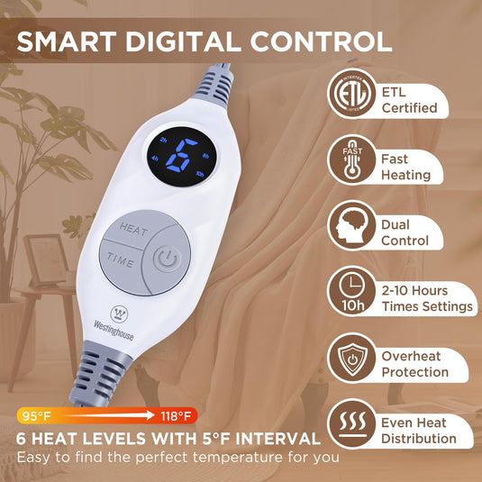 Westinghouse Heated Blanket Queen Size, Soft Flannel to Sherpa Electric Blanket with 10 Heating Levels, 12 Hours Auto Off, Fast Heating Blanket, Machine Washable, 84x90 Inch, Charcoal