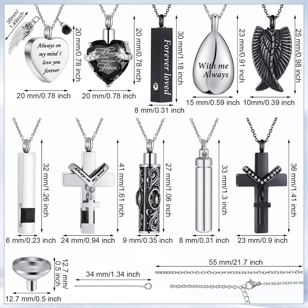 Jexine 10 Pcs Urn Necklace For Ashes Cremation Jewelry Wings Tear Drop Cross Crystal Ashes Necklace Stainless Steel Zircon Memorial Locket Vertical Bar Heart Waterproof Keepsake For Men