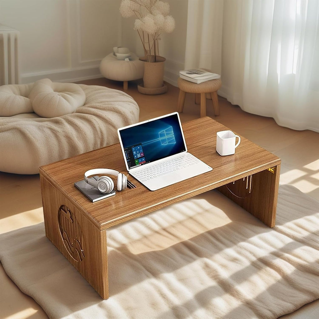 Japanese Folding Coffee Table, Foldable Low Coffee Tables, Bamboo Floor Table Desk for Sitting on The Floor, No Assembly, Portable Living Coffee Table (39.4 Inch)