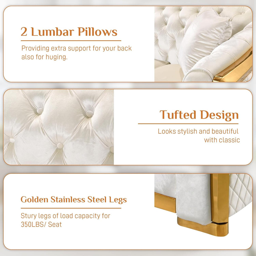 Mid Century Modern Chesterfield Sofa Couch, 81" Velvet Couch White and Gold Sofa Luxury Curved Loveseat for Living Room, 3 Seat Tufted Sofas with 2 Pillows & Classic Gold Legs, Beige White