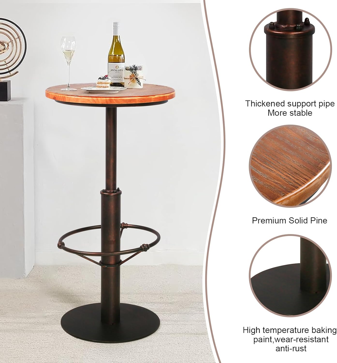 Topower Industrial Pub Table 19.7" Round Solid Pine Wood Top 42.2" Height Bar Table with Metal Base, Tall Pub Table for Kitchen, Dining Room, Coffee Shop, Copper