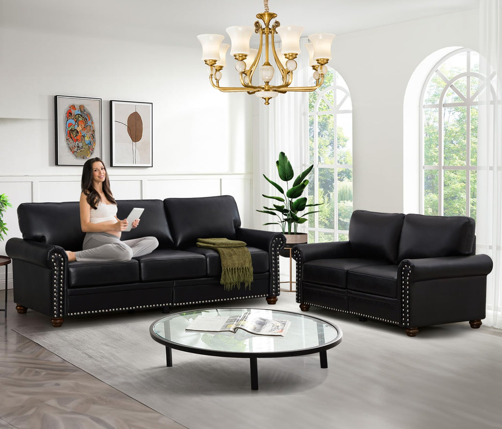 Antetek 2-Piece Comfy Upholstered PU Leather Sofa Couch Set, Mid-Century Modern Loveseat Sofa+3 Seater Couch with Storage Space for Living Room, Furniture Set, Red Brown