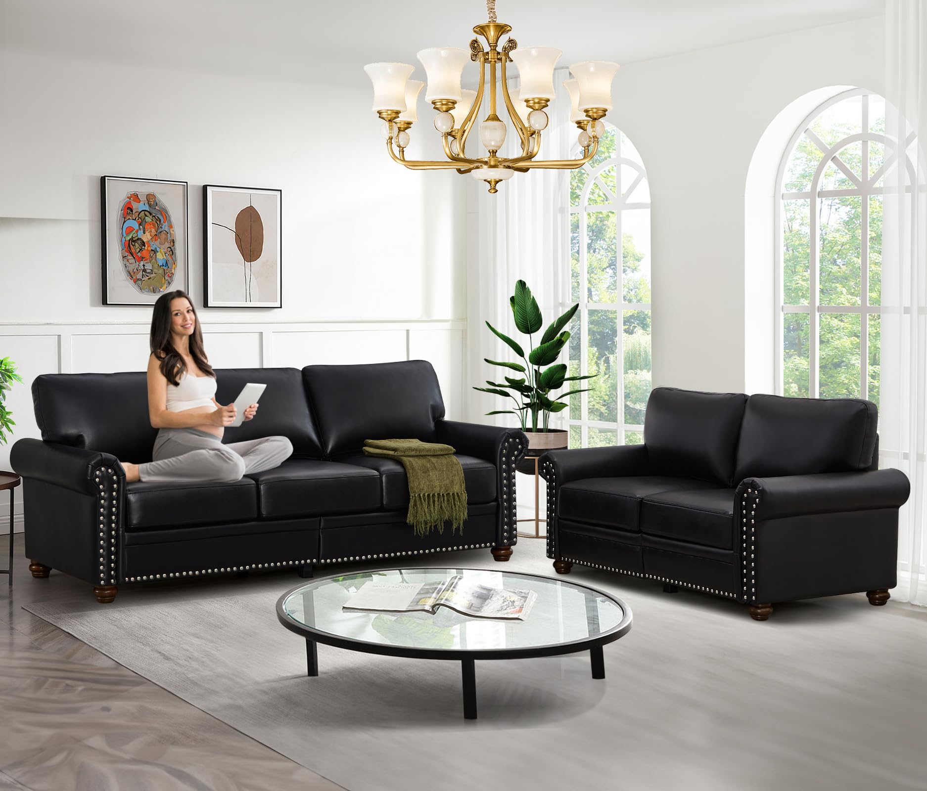 Antetek 2-Piece Comfy Upholstered PU Leather Sofa Couch Set, Mid-Century Modern Loveseat Sofa+3 Seater Couch with Storage Space for Living Room, Furniture Set, Red Brown