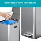 Home Zone Living 16 Gallon Kitchen Trash Can with Dual Compartments for Recycling, Stainless Steel, Silver, 60 Liters Total