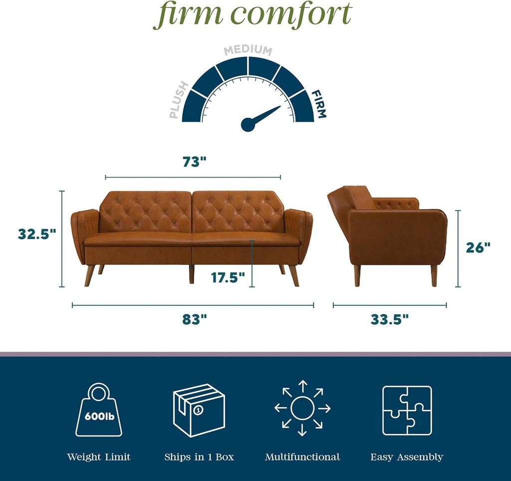 Novogratz Tallulah Memory Foam Futon, Convertible Couch, Camel Faux Leather