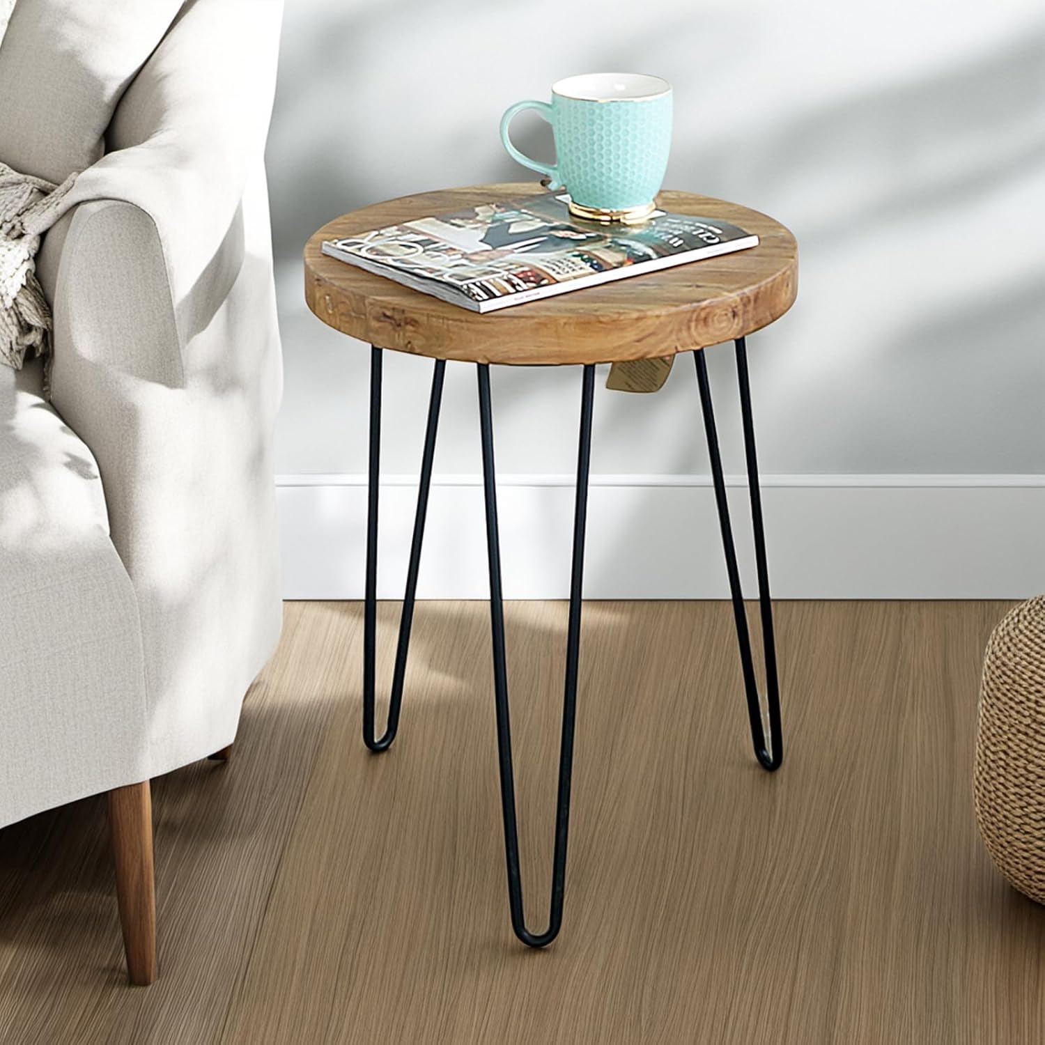 WELLAND Rustic Old Elm Round End Table 16"x16"x21" H Vintage Side Table Accent Table Plant Stand for Living Room Bedroom Home Office Patio