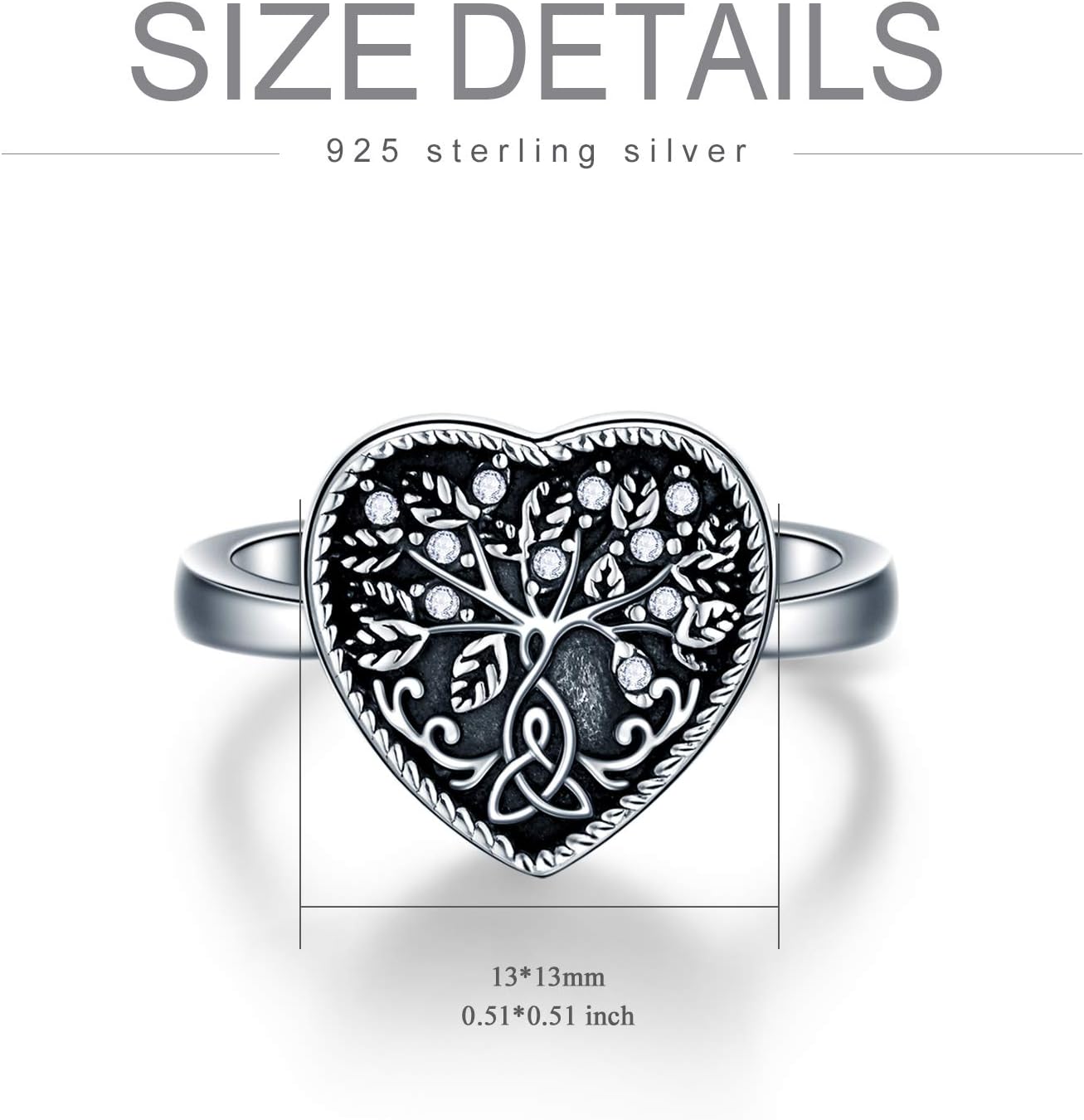 AOBOCO 925 Sterling Silver Heart Celtic Tree of Life Cremation Urn Ring Holds Loved Ones Ashes, Always in My Heart Urn Ring for Ashes for Women, Memorial Keepsake Jewelry Embellished with Crystals from Austria