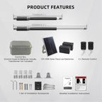 X X-HOUSE C01-L Automatic Gate Opener with Solar Panel & Batteries for Light Duty Dual Swing Gates Up to 330lb 8ft per Arm 12V 40W Electric Gate Opener with 2 Remotes Complete Kit Solar Powered