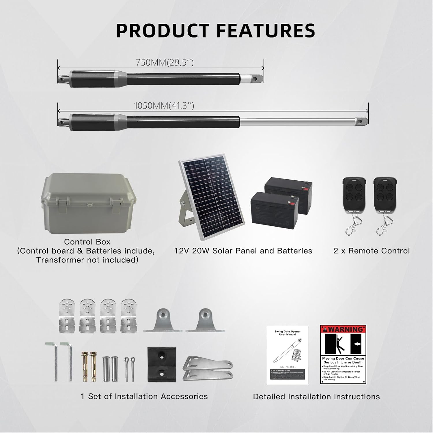 X X-HOUSE C01-L Automatic Gate Opener with Solar Panel & Batteries for Light Duty Dual Swing Gates Up to 330lb 8ft per Arm 12V 40W Electric Gate Opener with 2 Remotes Complete Kit Solar Powered