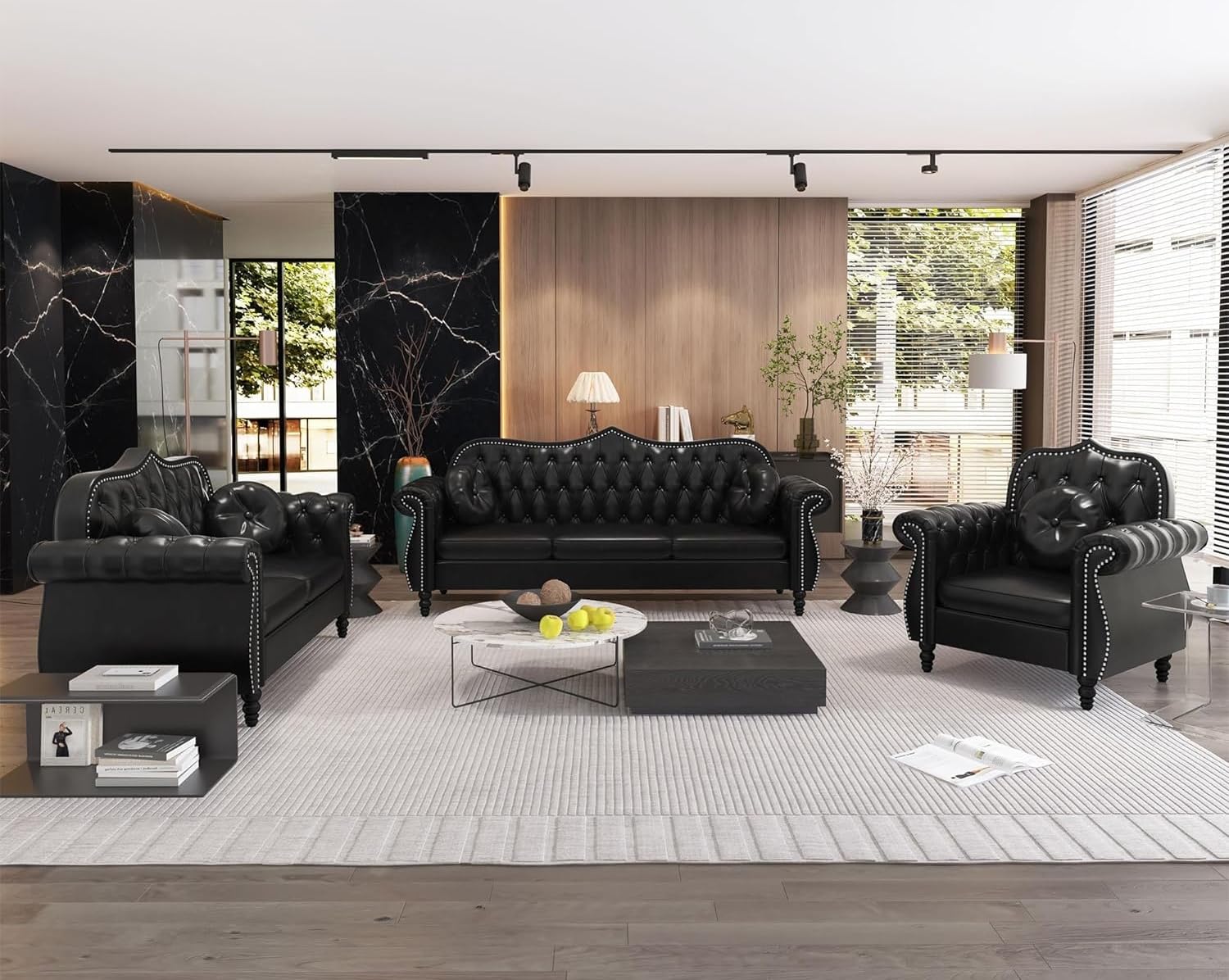 AVZEAR Chesterfield 3-Piece Living Room Sectional Sofa Set, Mid-Century Modern Upholstered PU Couch, Classic Tufted Button Sofa with Nailhead Trim for Living Room, Office (Brown)