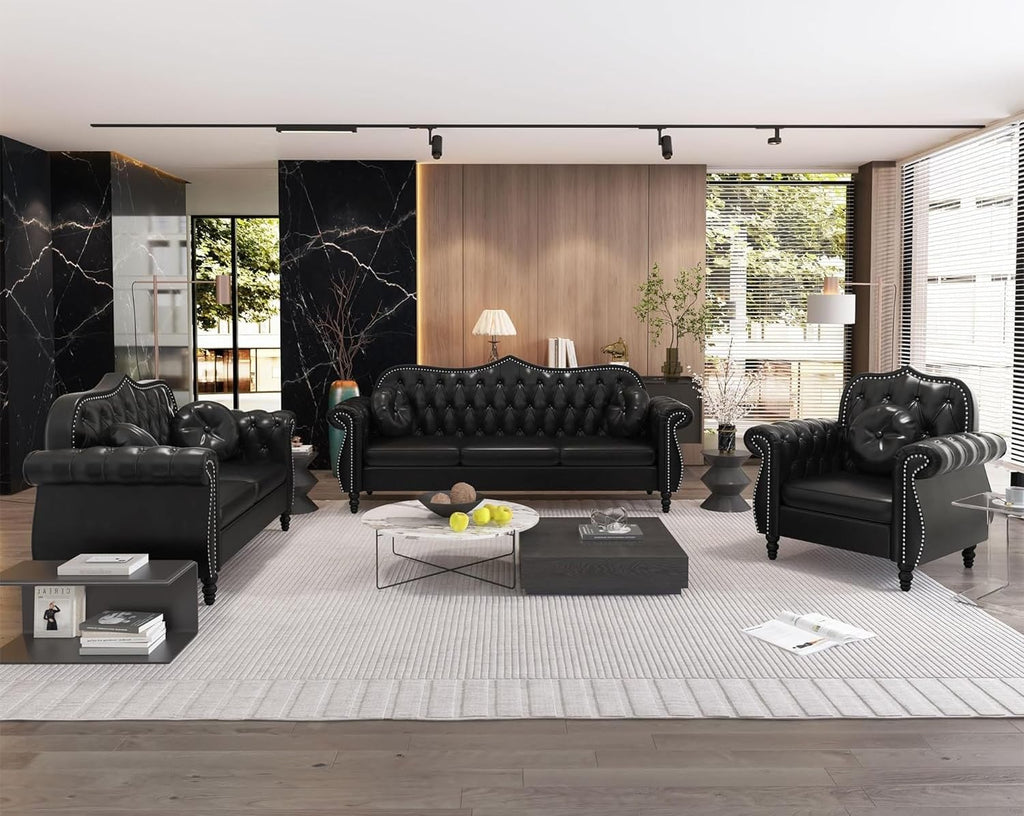AVZEAR 82" Three Seater Leather Sofa, Chesterfield Sofa, Mid-Century Modern PU Upholstered Sofa Couch, Deep Button Tufted Living Room Sofa with Two Throw Pillows, Black