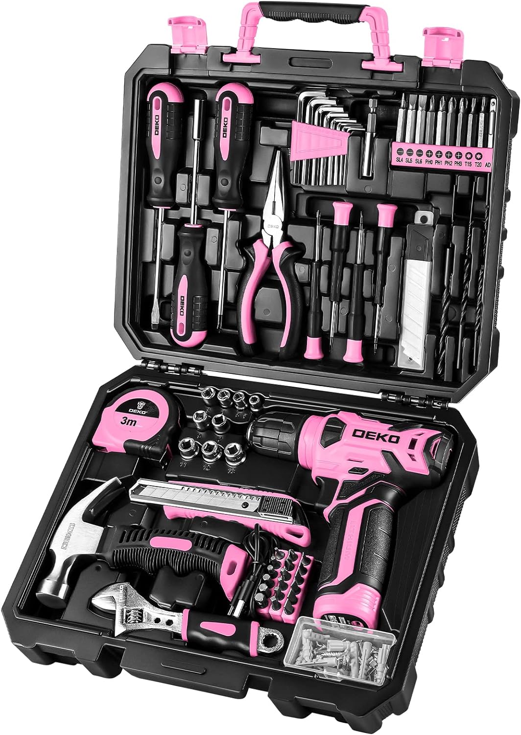 DEKOPRO Drill Set, Home Tool Set with 8V Pink Cordless Drill, Hand Tool Kit for Women, 126 pcs